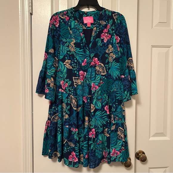 Lilly Pulitzer Gabriel Dress Navy Life of the Party Flare Sleeve Lileeze Size 00 - Picture 3 of 7